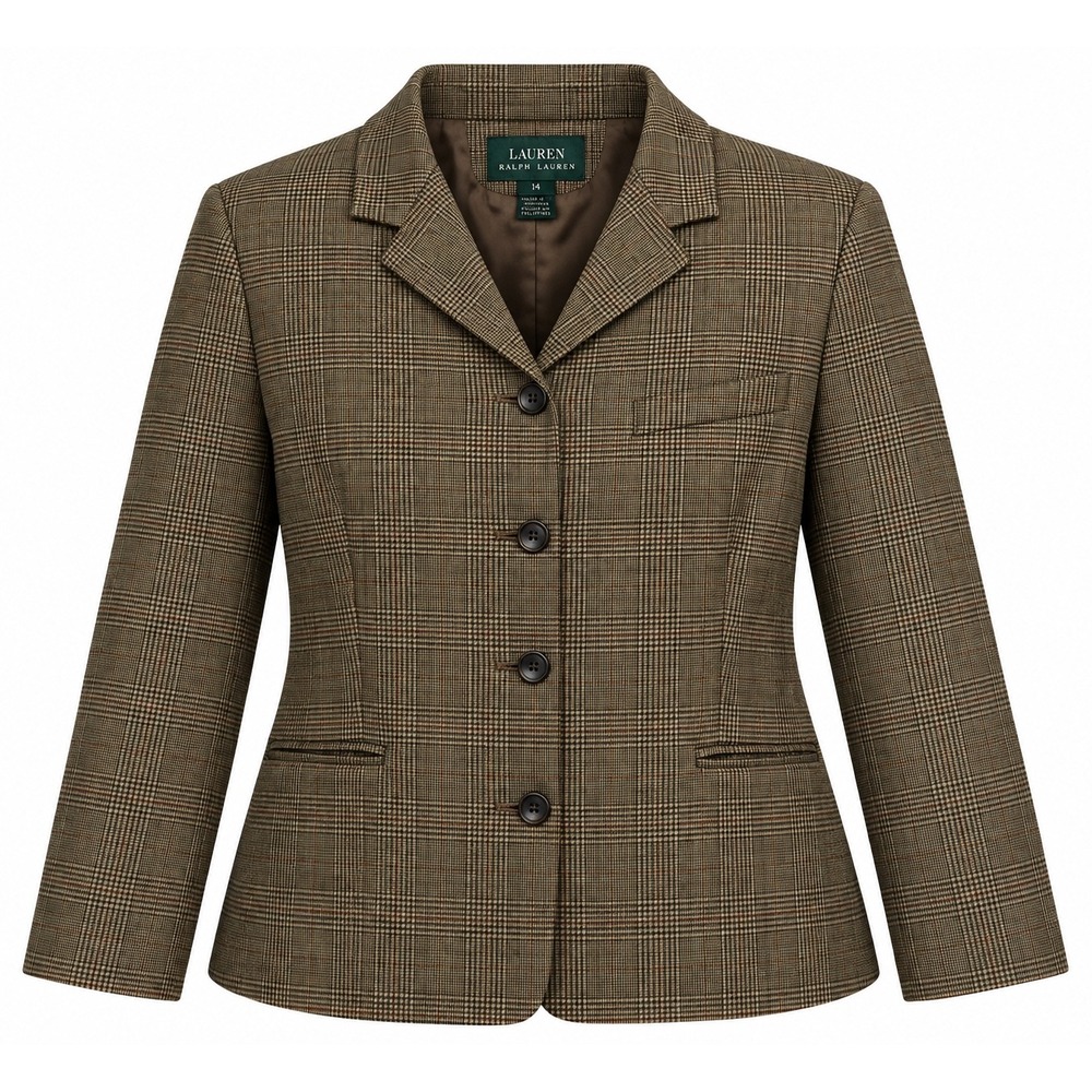 Lauren Ralph Lauren Blazer Womens 14 Wool Blend Glen Plaid Brown Classic